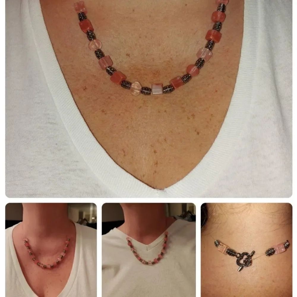 Handmade Necklace Pink Quartz stone and metal barrel spacers